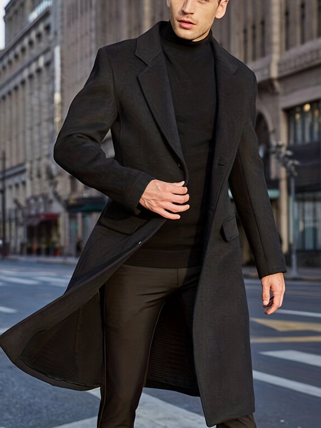 jiaabc Elegant Retro Trench Coat, Men's Semi-formal Single Breasted Lapel Overcoat For Fall Winter Business