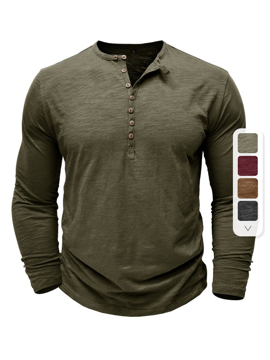 Solid Color Men's All-match Cotton Comfy Long Sleeve Round Neck Henley Shirt, Spring Fall