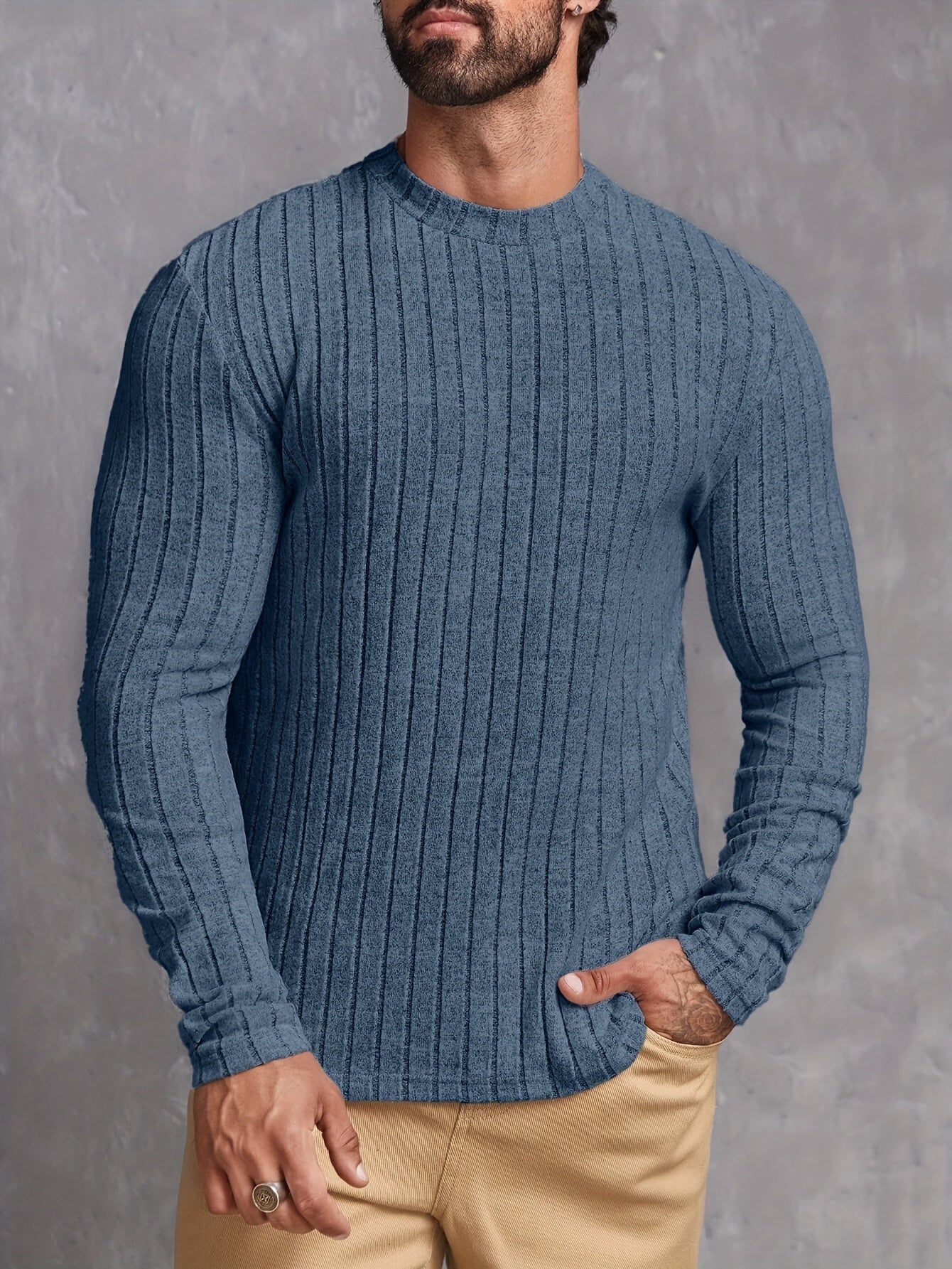 Ribbed Men's Long Sleeve High Stretch Slim Fit Knitted Round Neck T-shirt For Spring Fall, Men's Pullover Top