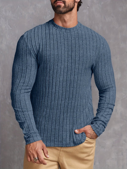 Ribbed Men's Long Sleeve High Stretch Slim Fit Knitted Round Neck T-shirt For Spring Fall, Men's Pullover Top