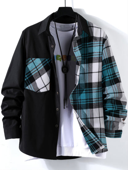 Stylish Collage Chest Pocket Plaid Pattern Casual Long Sleeve Button Up Shirt, Men's Clothes For Spring Summer Fall Outdoor