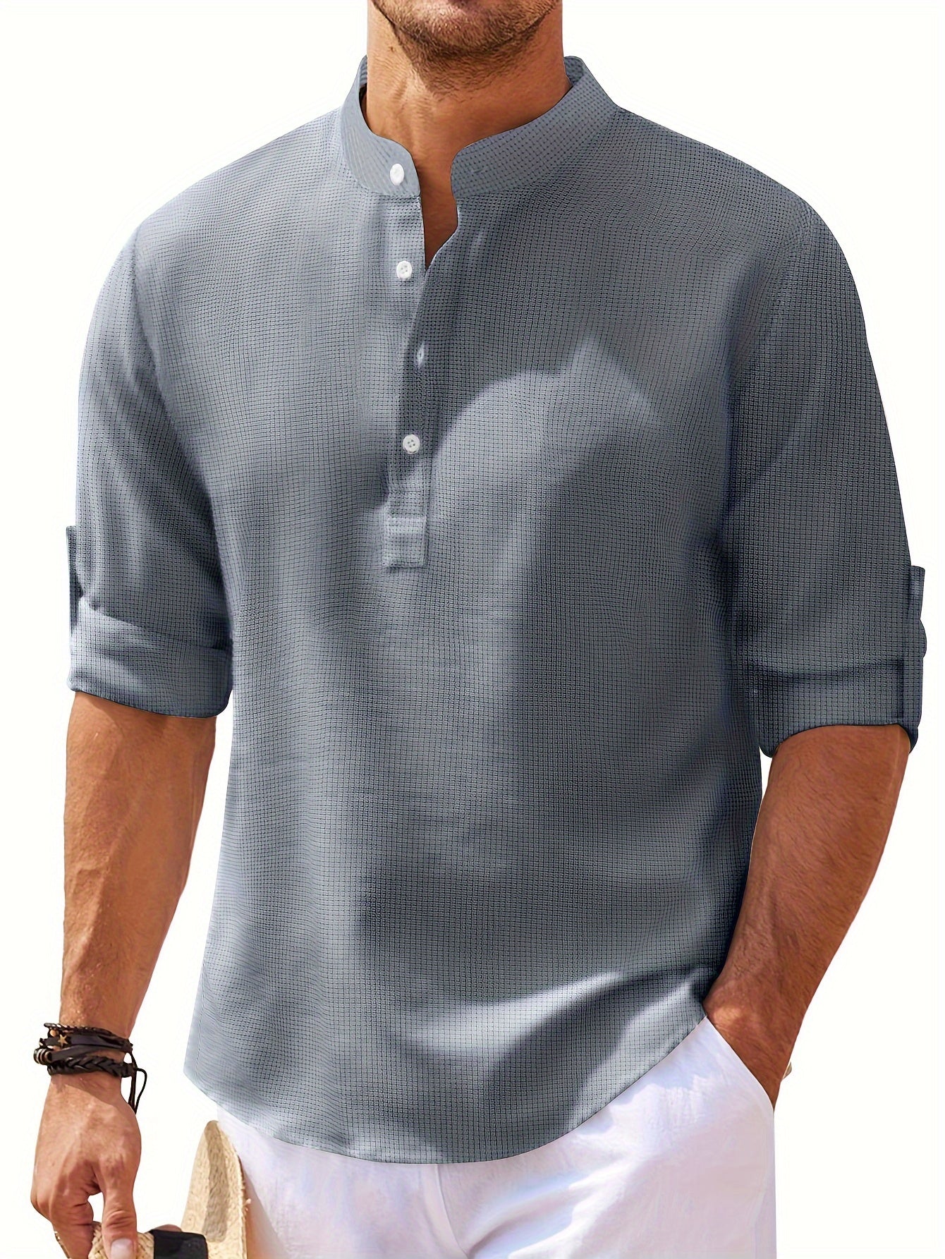 Men's Retro Casual Long Sleeve Stand Collar Shirt With Half Button, Spring Fall Outdoor