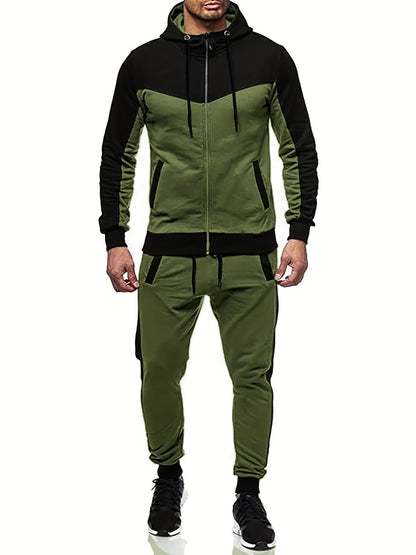 jiaabc Mens Color Block 2 Piece Outfits, Hooded Zip Breathable Casual Jacket And Casual Drawstring Sweatpants Set For Spring Autumn, Men's Clothing