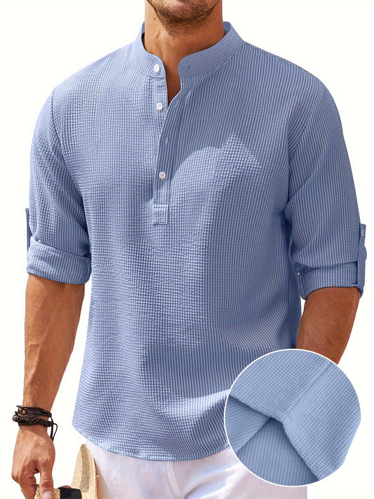 Men's Retro Casual Long Sleeve Stand Collar Shirt With Half Button, Spring Fall Outdoor