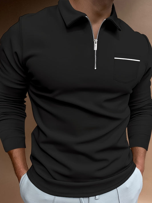 Casual Solid Men's Long Sleeve Zipper Lapel Shirt With Chest Pocket, Spring Fall Outdoor