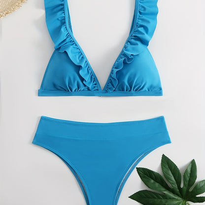 jiaabc Chic V-Neck Bikini Set for Women: High Waist, High-Cut, with Lettuce Trim - Easy-Care, Comfort Stretch Swimwear