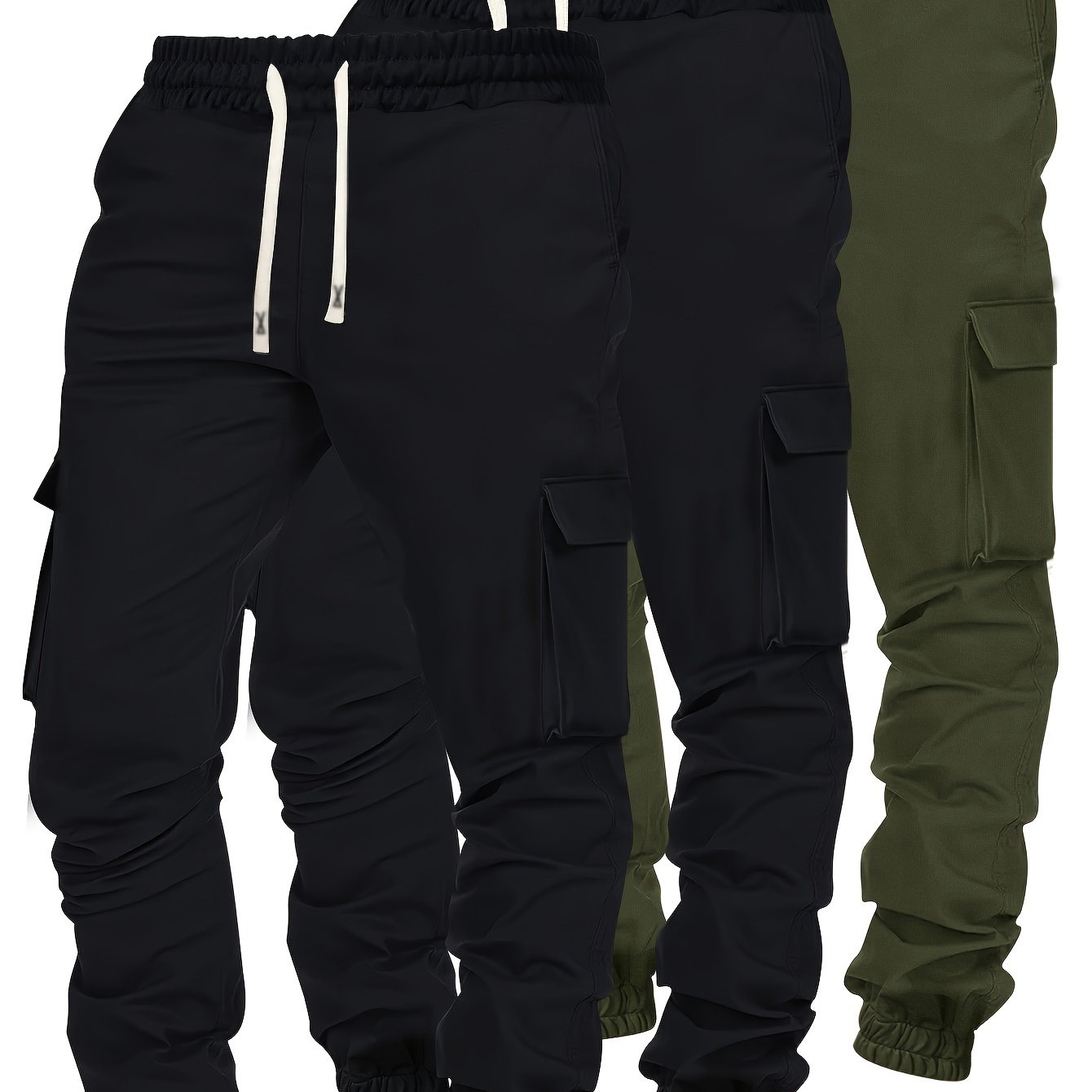 jiaabc 3Pcs Men's Cargo Pants Set with Multiple Pockets - Comfortable Loose-Fit Trousers for Work & Outdoor Leisure, Urban Streetwear with Hip Hop Influence