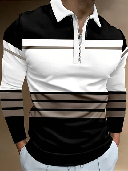 Fall Mens Outfits Color Block Striped Men's Long Sleeve Zipper Lapel Shirt, Men's Stylish Spring Fall Golf Shirt