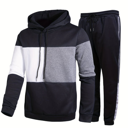 jiaabc Men's Colorblock Hooded Sweatshirt Casual Outfit Set, 2 Pieces Long Sleeve Pullover Hoodies And Drawstring Sweatpants