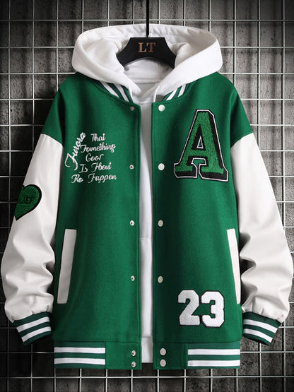 jiaabc Alphabets Print Color Block Varsity Jackets, Men's Casual Baseball Collar Jacket Coat For Spring Fall