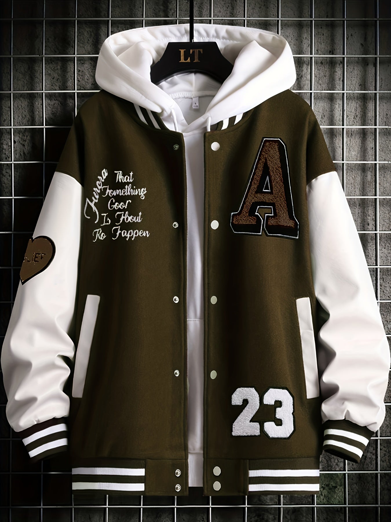 jiaabc Alphabets Print Color Block Varsity Jackets, Men's Casual Baseball Collar Jacket Coat For Spring Fall