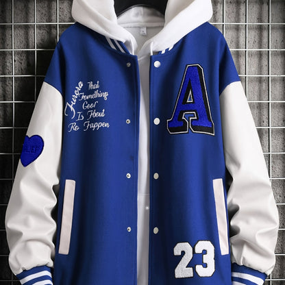 jiaabc Alphabets Print Color Block Varsity Jackets, Men's Casual Baseball Collar Jacket Coat For Spring Fall