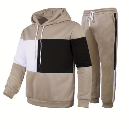 jiaabc Men's Colorblock Hooded Sweatshirt Casual Outfit Set, 2 Pieces Long Sleeve Pullover Hoodies And Drawstring Sweatpants