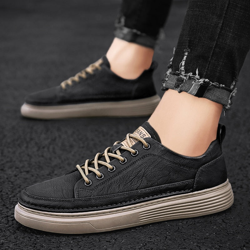 jiaabc Back to college Men Leather Casual Shoes Fashion Leather Flat Shoes Sneakers Pure Black Warm Thick Sole Soft Wear Low Top New Zapatillas Hombre