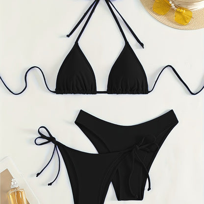 jiaabc Solid Color 3 piece Set Bikini, Halter Neck Backless Swimsuits, Women's Swimwear & Clothing