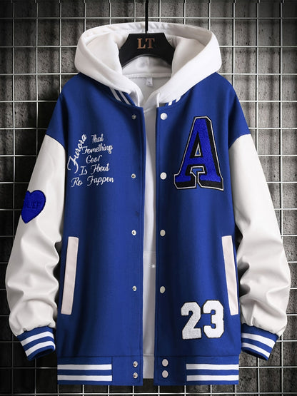 jiaabc Alphabets Print Color Block Varsity Jackets, Men's Casual Baseball Collar Jacket Coat For Spring Fall