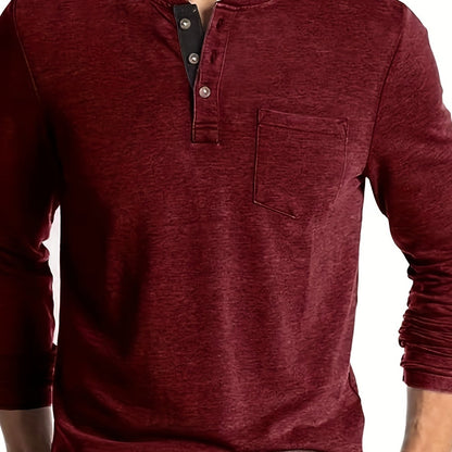 Men's Solid Color Henley T-shirt, Long Sleeve Comfy Casual Top For Autumn