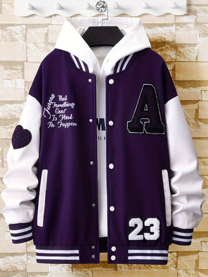 jiaabc Alphabets Print Color Block Varsity Jackets, Men's Casual Baseball Collar Jacket Coat For Spring Fall