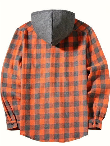 Men's Casual Hooded Plaid Shirt, Long Sleeve Button Up Clothing, Fashion Outerwear