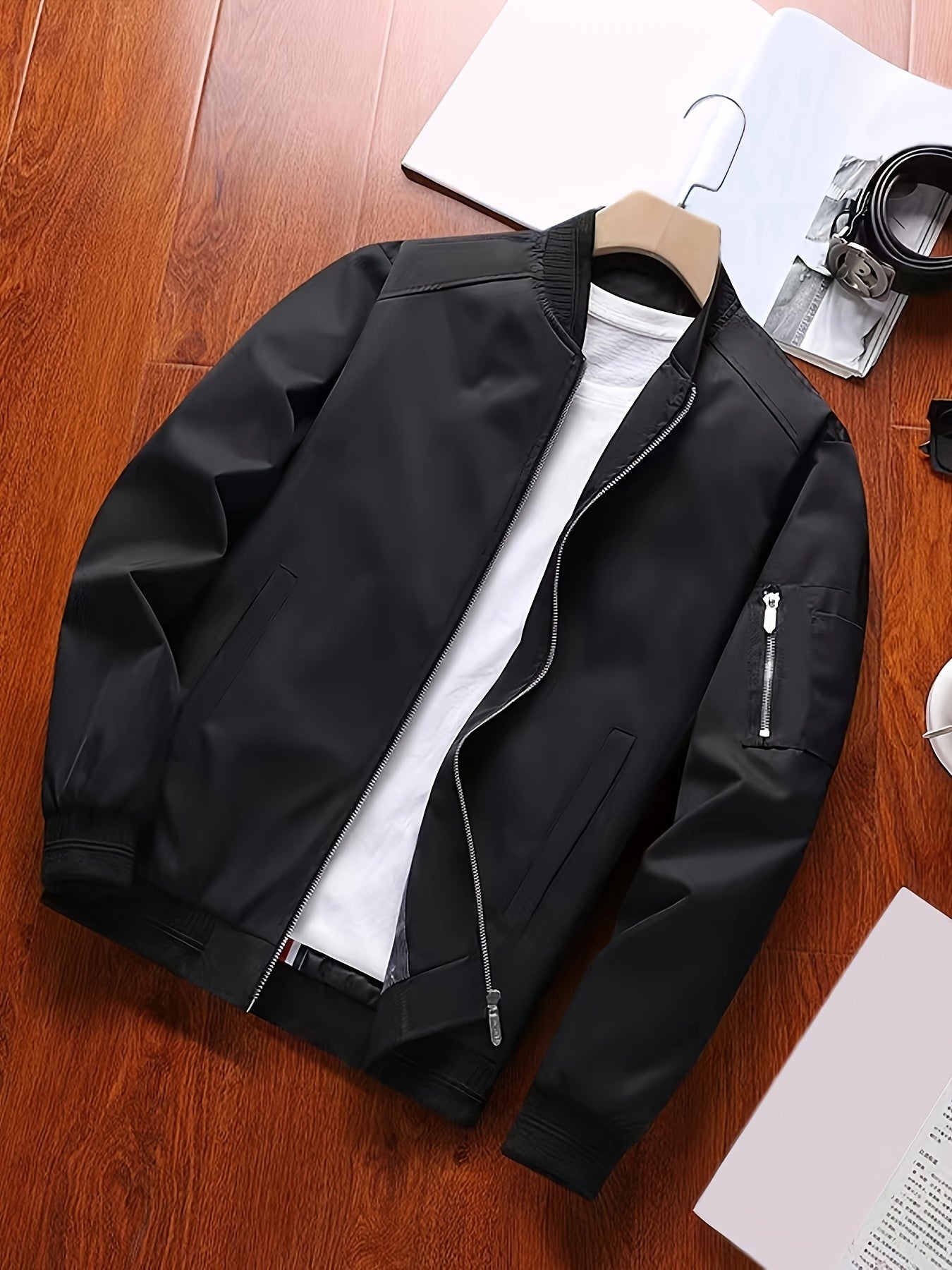 Classic Design Jacket, Men's Casual Stand Collar Solid Collar Zip Up Jacket For Spring Fall