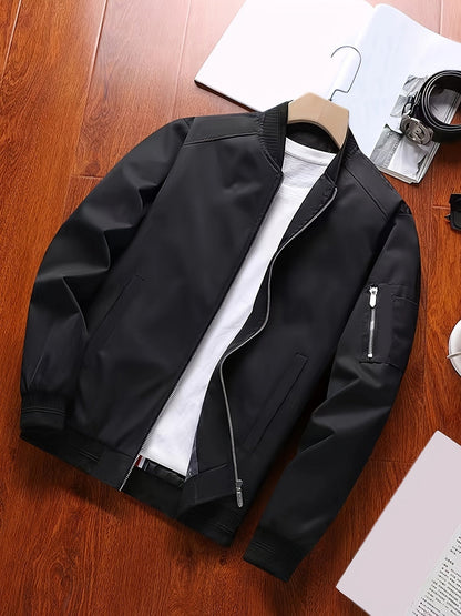 Classic Design Jacket, Men's Casual Stand Collar Solid Collar Zip Up Jacket For Spring Fall