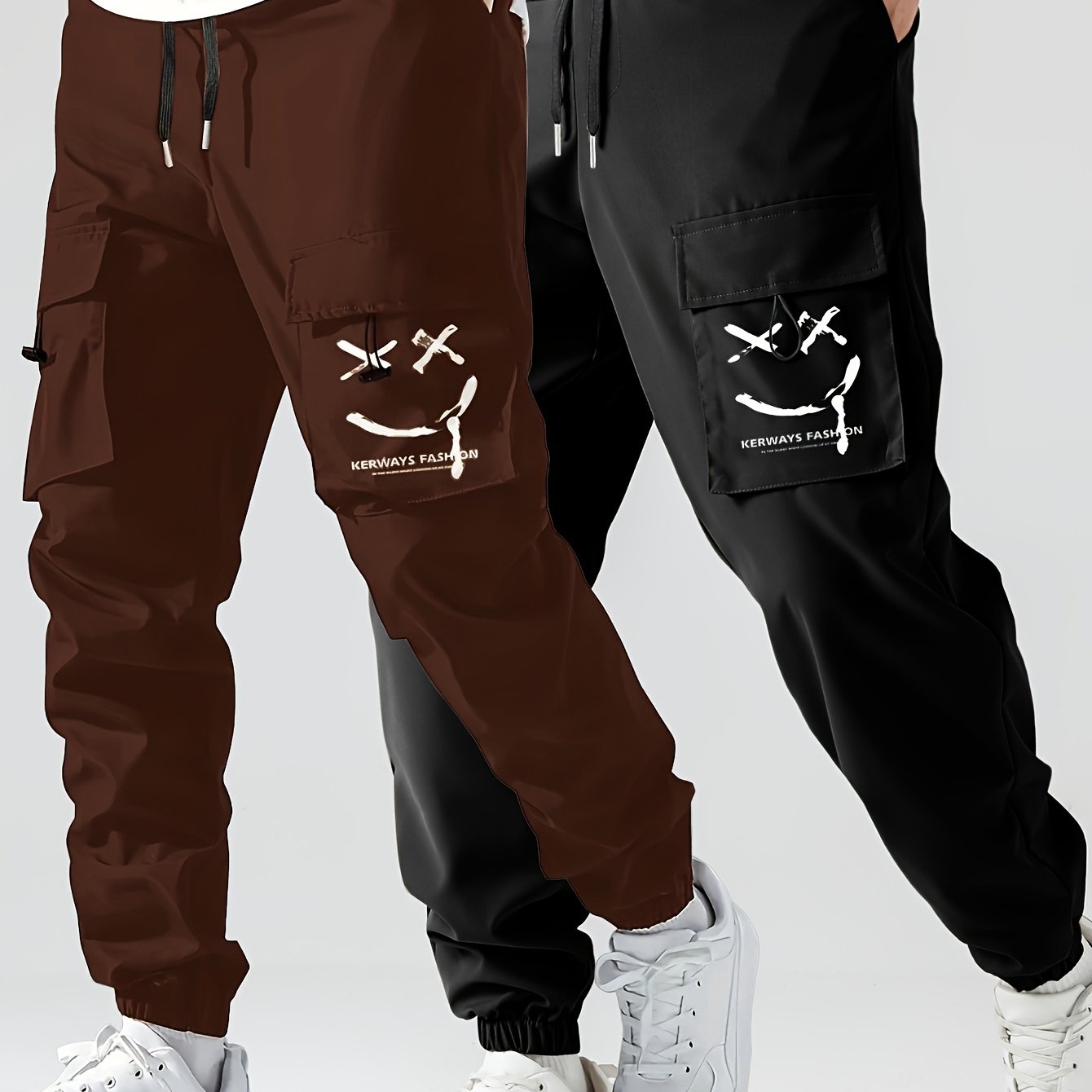 2 Pcs Men's Stylish Smiling Face Pattern Cargo Jogger With Pockets, Causal Breathable Drawstring Men's Bottom Clothing For City Walk Street Hanging Outdoor Activities