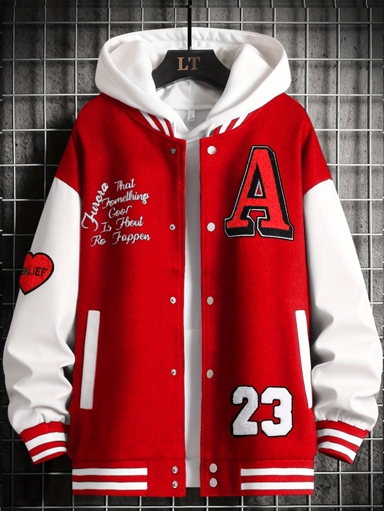 jiaabc Alphabets Print Color Block Varsity Jackets, Men's Casual Baseball Collar Jacket Coat For Spring Fall