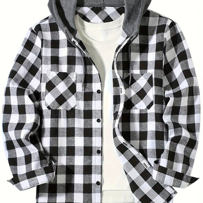 Men's Casual Hooded Plaid Shirt, Long Sleeve Button Up Clothing, Fashion Outerwear