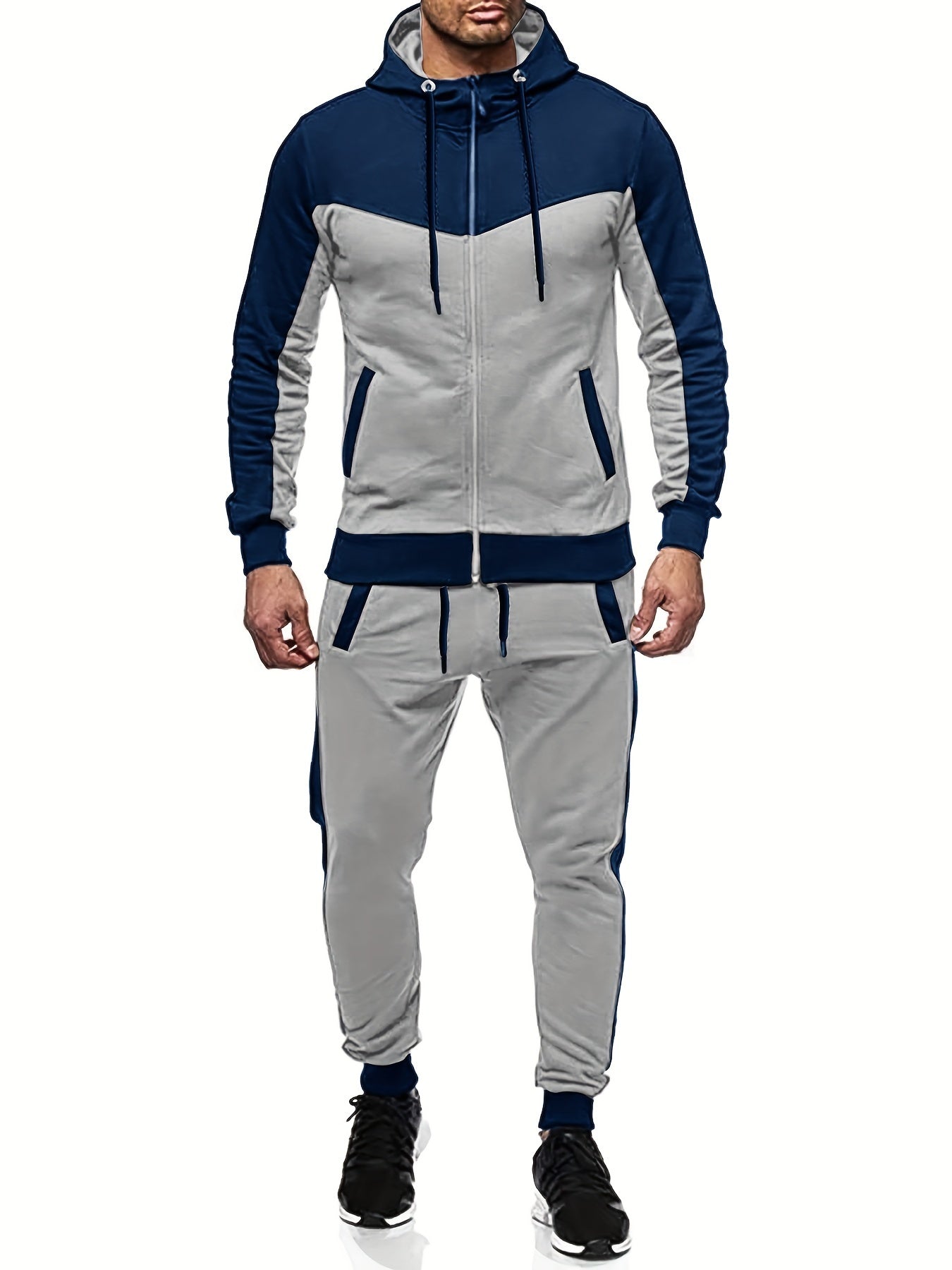 jiaabc Mens Color Block 2 Piece Outfits, Hooded Zip Breathable Casual Jacket And Casual Drawstring Sweatpants Set For Spring Autumn, Men's Clothing