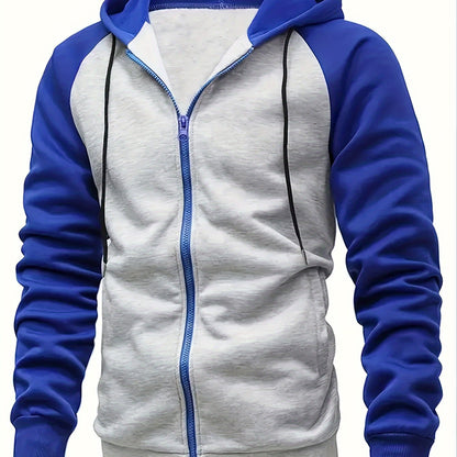 Men's Color Block Drawstring Hooded Long Sleeve Zip-up Jacket With Pockets, Men's Hooded Jacket For Spring And Autumn, Suitable For Workout Training