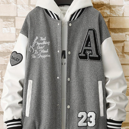 jiaabc Alphabets Print Color Block Varsity Jackets, Men's Casual Baseball Collar Jacket Coat For Spring Fall