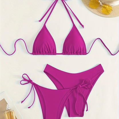 jiaabc Solid Color 3 piece Set Bikini, Halter Neck Backless Swimsuits, Women's Swimwear & Clothing