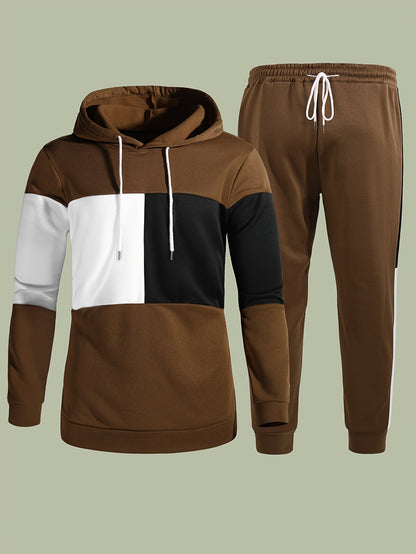 jiaabc Men's Colorblock Hooded Sweatshirt Casual Outfit Set, 2 Pieces Long Sleeve Pullover Hoodies And Drawstring Sweatpants