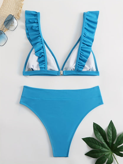 jiaabc Chic V-Neck Bikini Set for Women: High Waist, High-Cut, with Lettuce Trim - Easy-Care, Comfort Stretch Swimwear