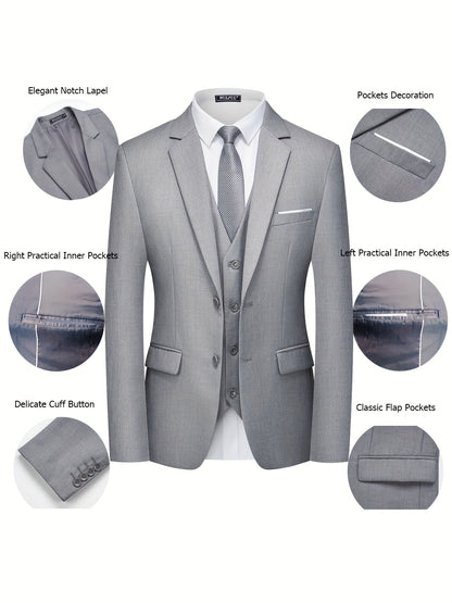 jiaabc 3-Piece Classic Solid Dress Suit Set - Single-Breasted Jacket, Vest, and Trousers - Formal Attire for Men, Perfect for Weddings, Job Interviews, and Business Meetings