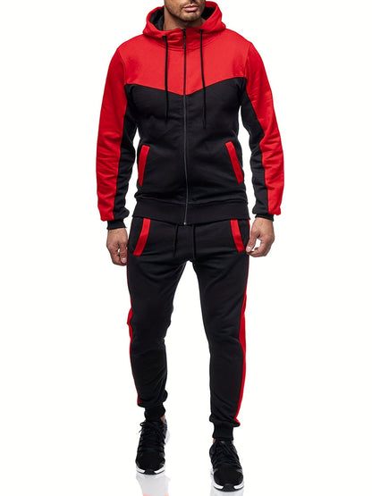 jiaabc Mens Color Block 2 Piece Outfits, Hooded Zip Breathable Casual Jacket And Casual Drawstring Sweatpants Set For Spring Autumn, Men's Clothing