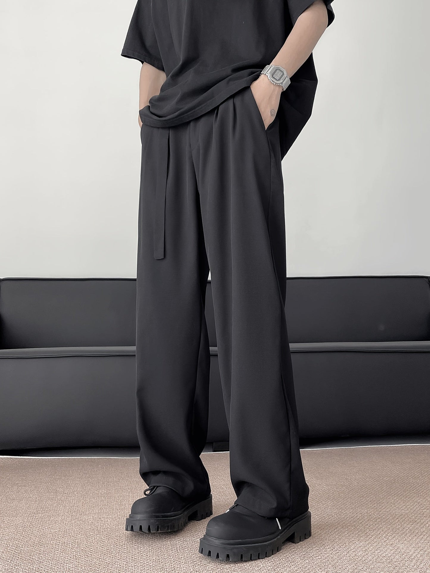 Men's Casual Wide-Leg Pants - Loose Fit, Solid Color with Pockets, Machine Washable - Perfect for Spring/Fall