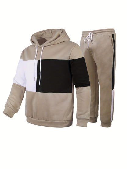 jiaabc Men's Colorblock Hooded Sweatshirt Casual Outfit Set, 2 Pieces Long Sleeve Pullover Hoodies And Drawstring Sweatpants