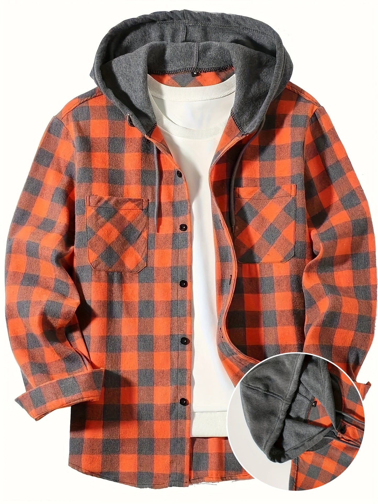 Men's Casual Hooded Plaid Shirt, Long Sleeve Button Up Clothing, Fashion Outerwear