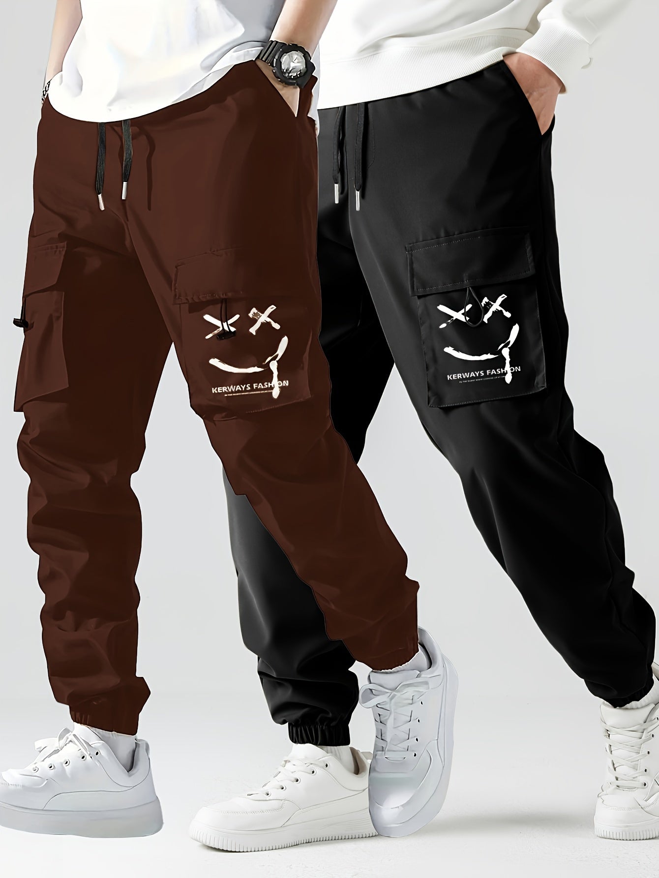 2 Pcs Men's Stylish Smiling Face Pattern Cargo Jogger With Pockets, Causal Breathable Drawstring Men's Bottom Clothing For City Walk Street Hanging Outdoor Activities