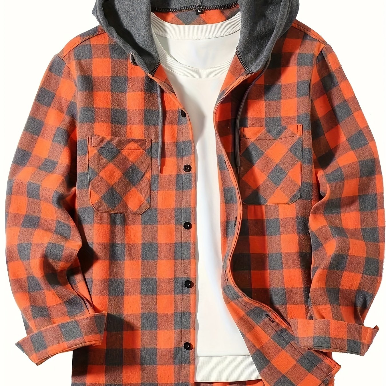 Men's Casual Hooded Plaid Shirt, Long Sleeve Button Up Clothing, Fashion Outerwear