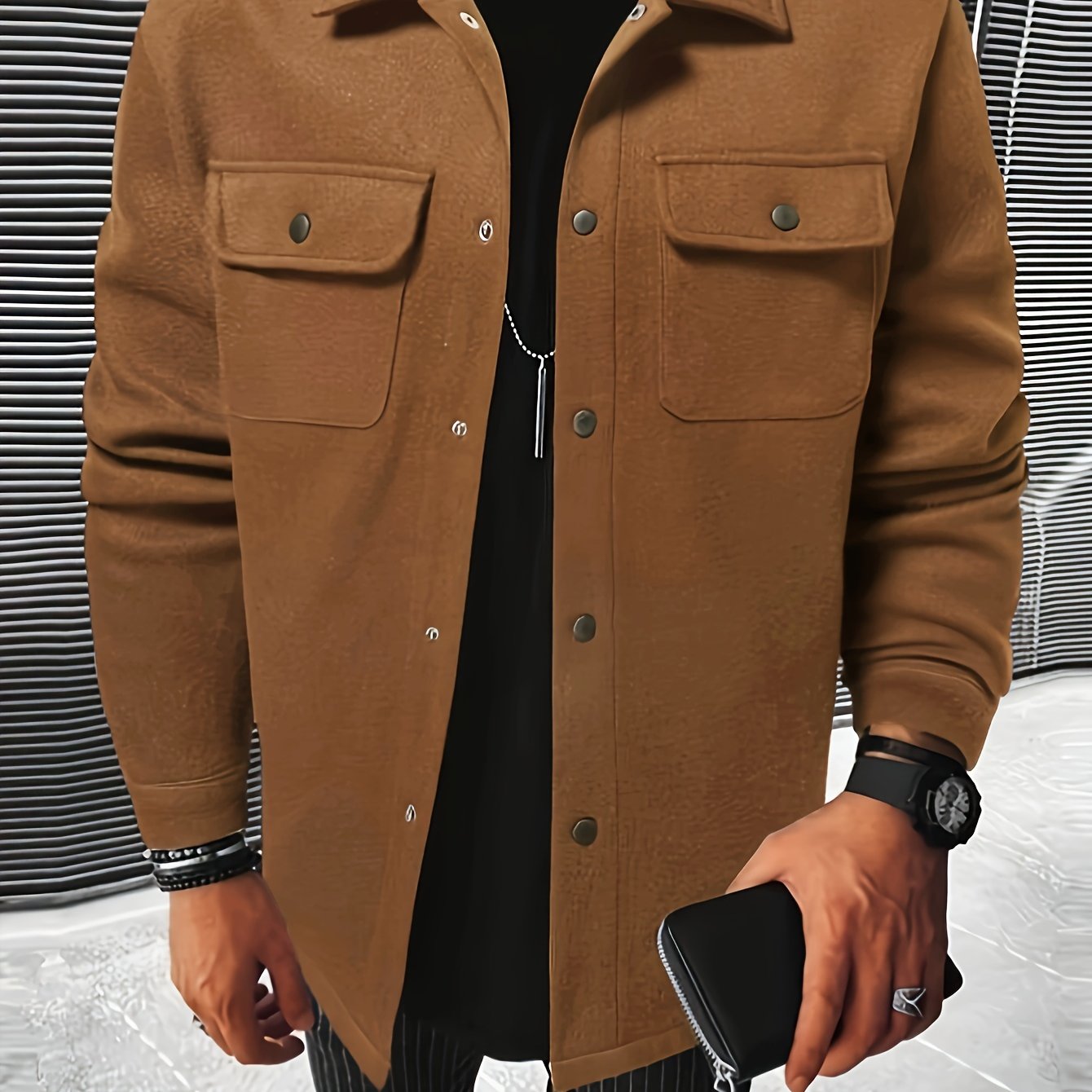 Men's Solid Jacket With Pockets, Spring/Autumn Button Up Jacket For Males, Men's Clothing