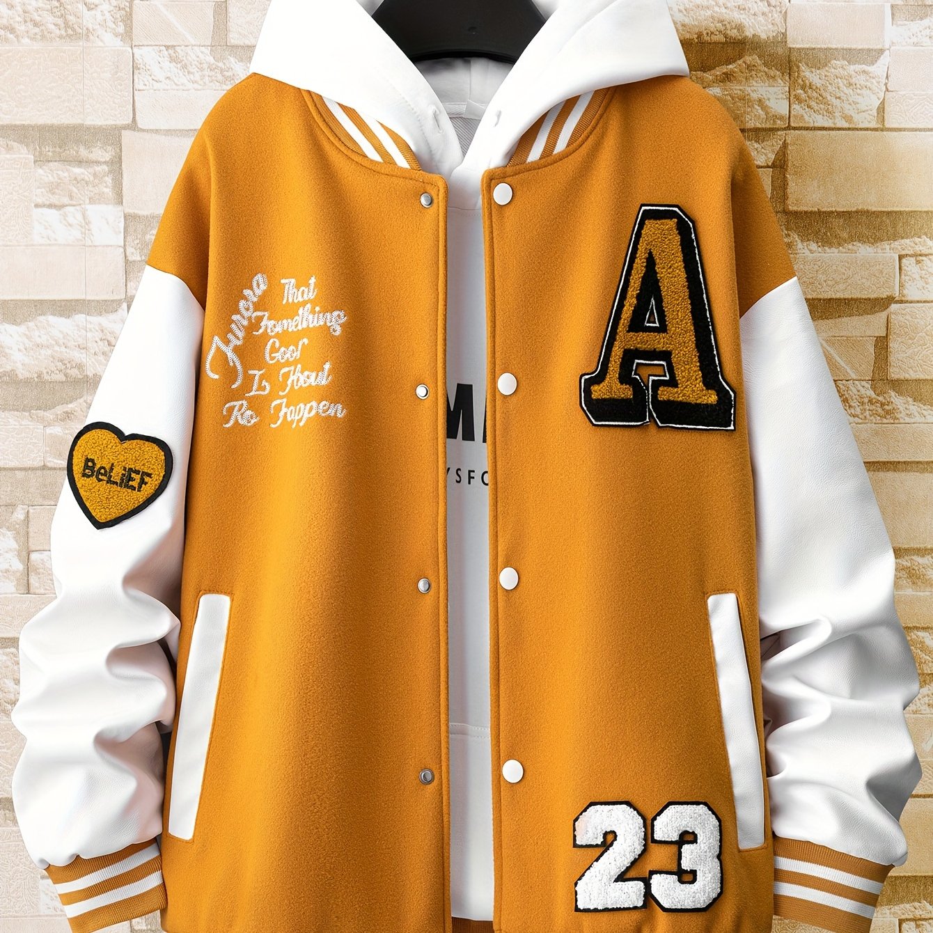 jiaabc Alphabets Print Color Block Varsity Jackets, Men's Casual Baseball Collar Jacket Coat For Spring Fall