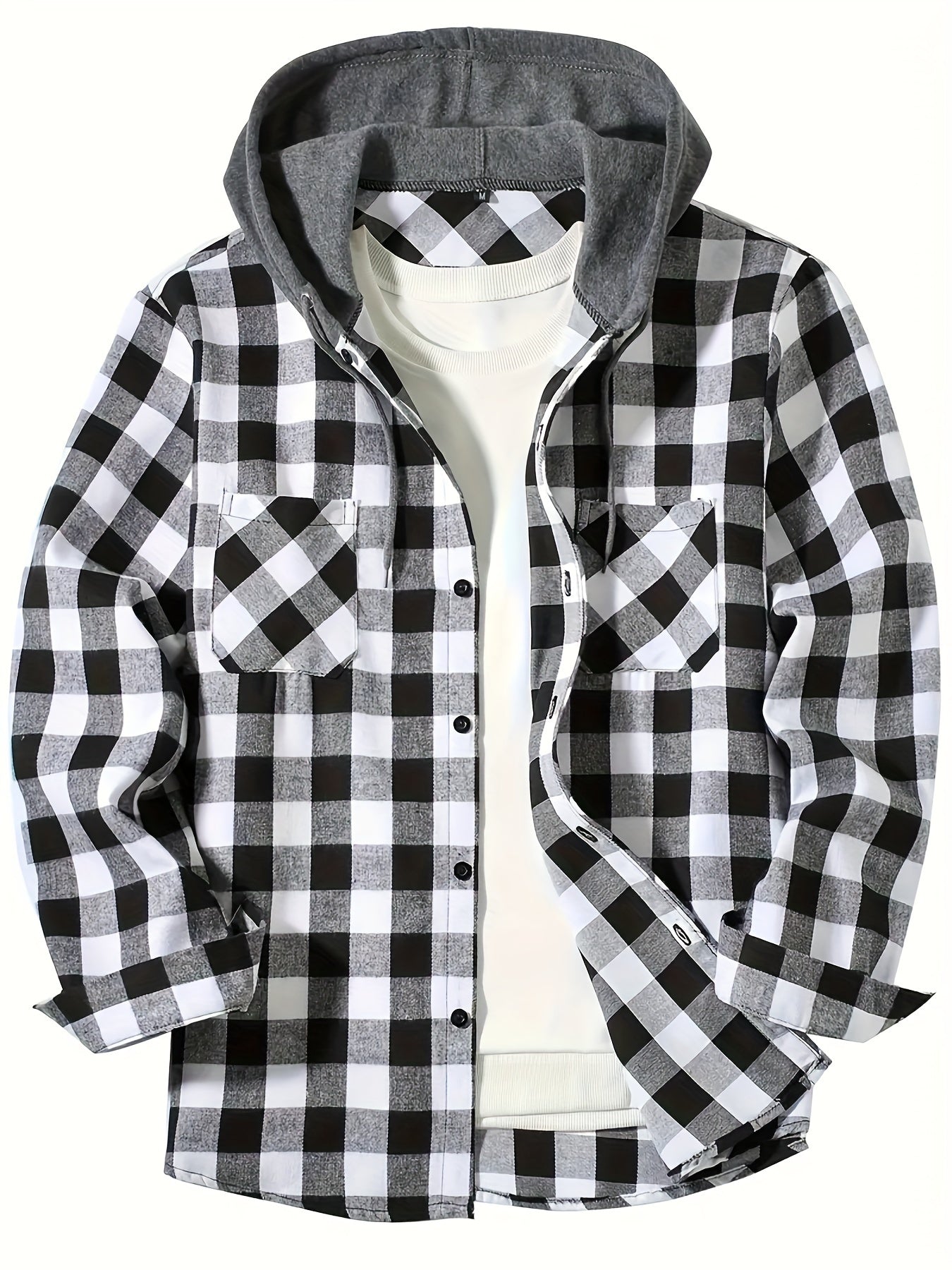 Men's Casual Hooded Plaid Shirt, Long Sleeve Button Up Clothing, Fashion Outerwear