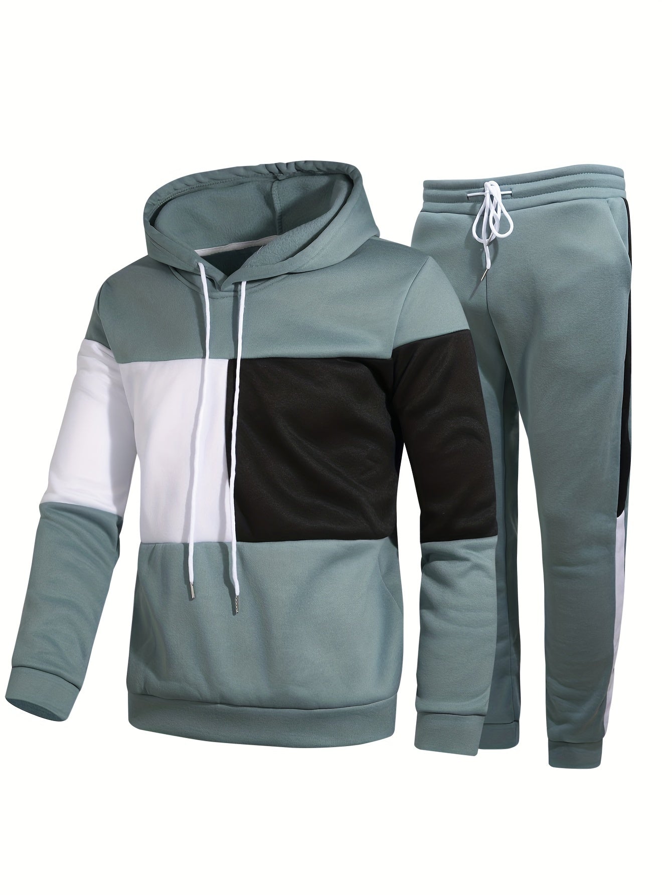 jiaabc Men's Colorblock Hooded Sweatshirt Casual Outfit Set, 2 Pieces Long Sleeve Pullover Hoodies And Drawstring Sweatpants