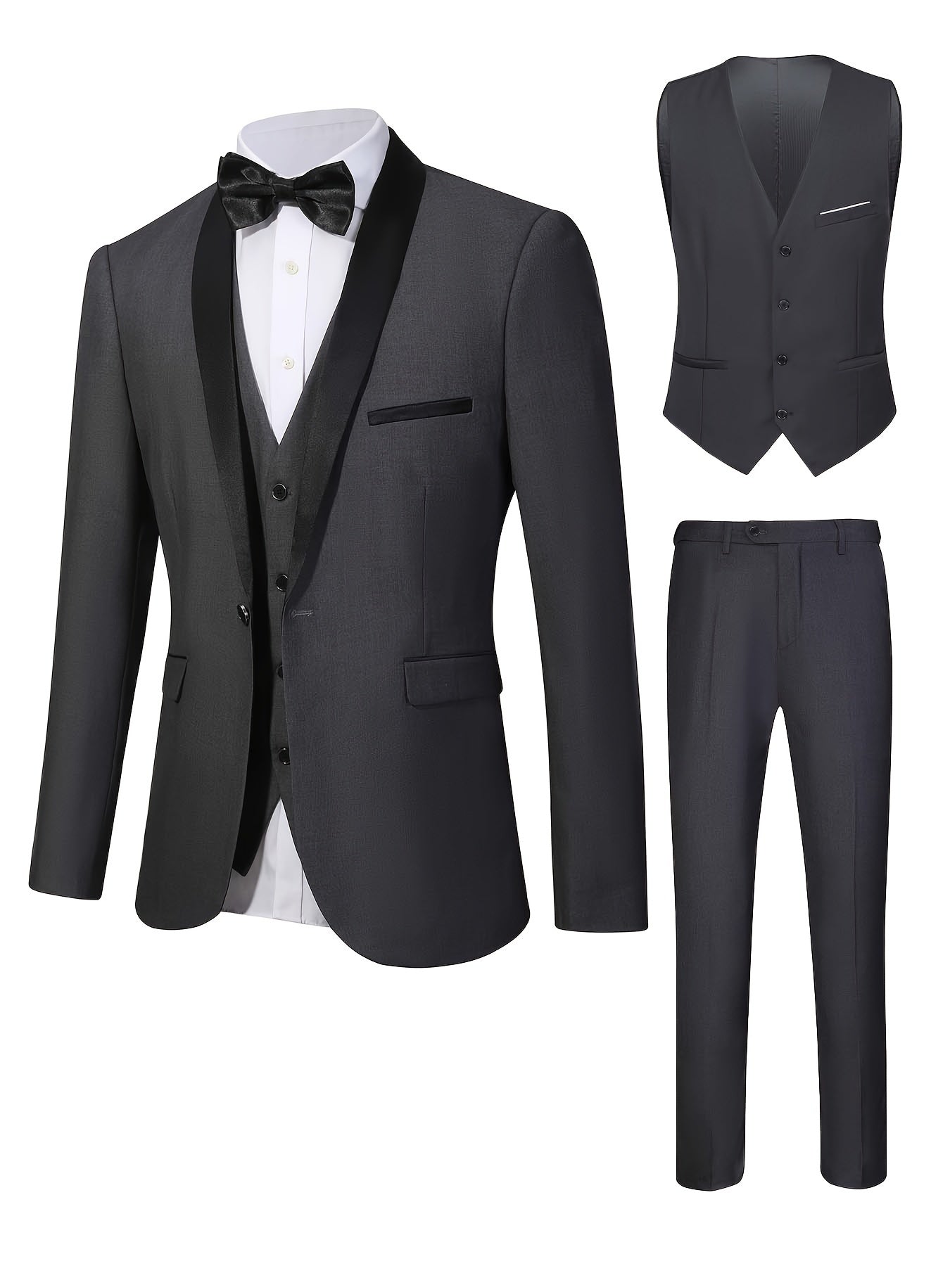 jiaabc 3-Piece Men's Formal Dress Outfit Set - Long Sleeve One Button Shawl Collar Jacket with Pockets, Slim Fit Pants, Perfect for Wedding Banquet and Formal Events