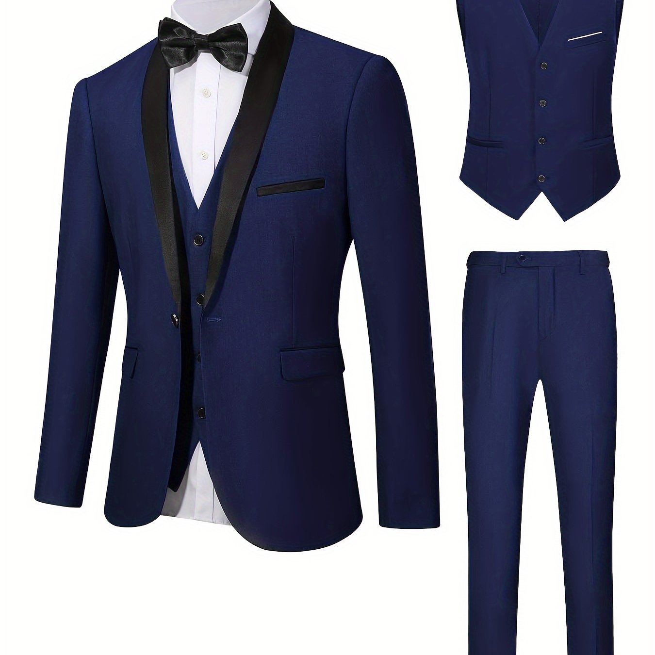 jiaabc 3-Piece Men's Formal Dress Outfit Set - Long Sleeve One Button Shawl Collar Jacket with Pockets, Slim Fit Pants, Perfect for Wedding Banquet and Formal Events