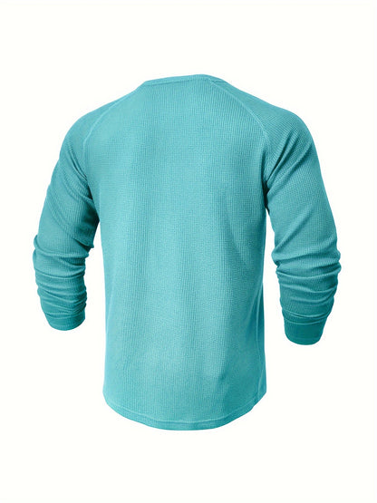 Fall Mens Outfits Men's Loose Solid Henley Shirt, Crew Neck Half Button Long Sleeve Shirt For Spring Fall Outdoor Activities