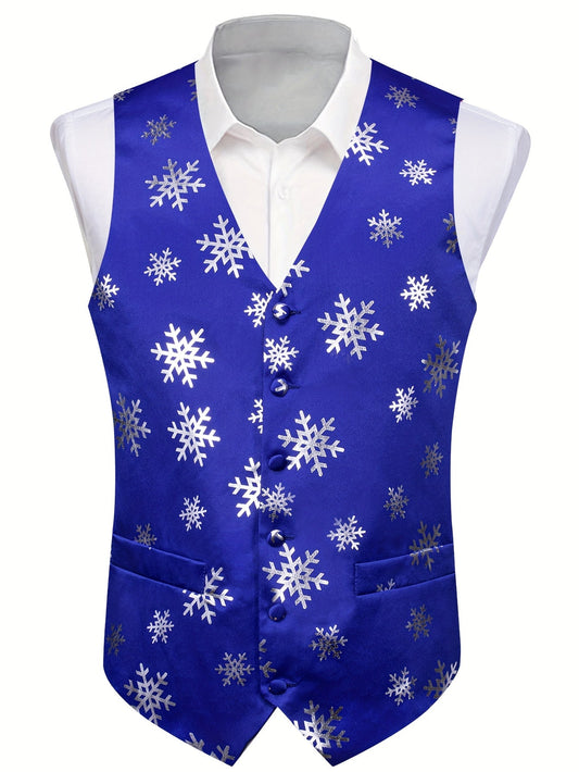 jiaabc Snowflake Pattern Dress Waistcoat, Men's Retro Single Breasted V Neck Smart Suit Vest For Dinner Wedding Banquet