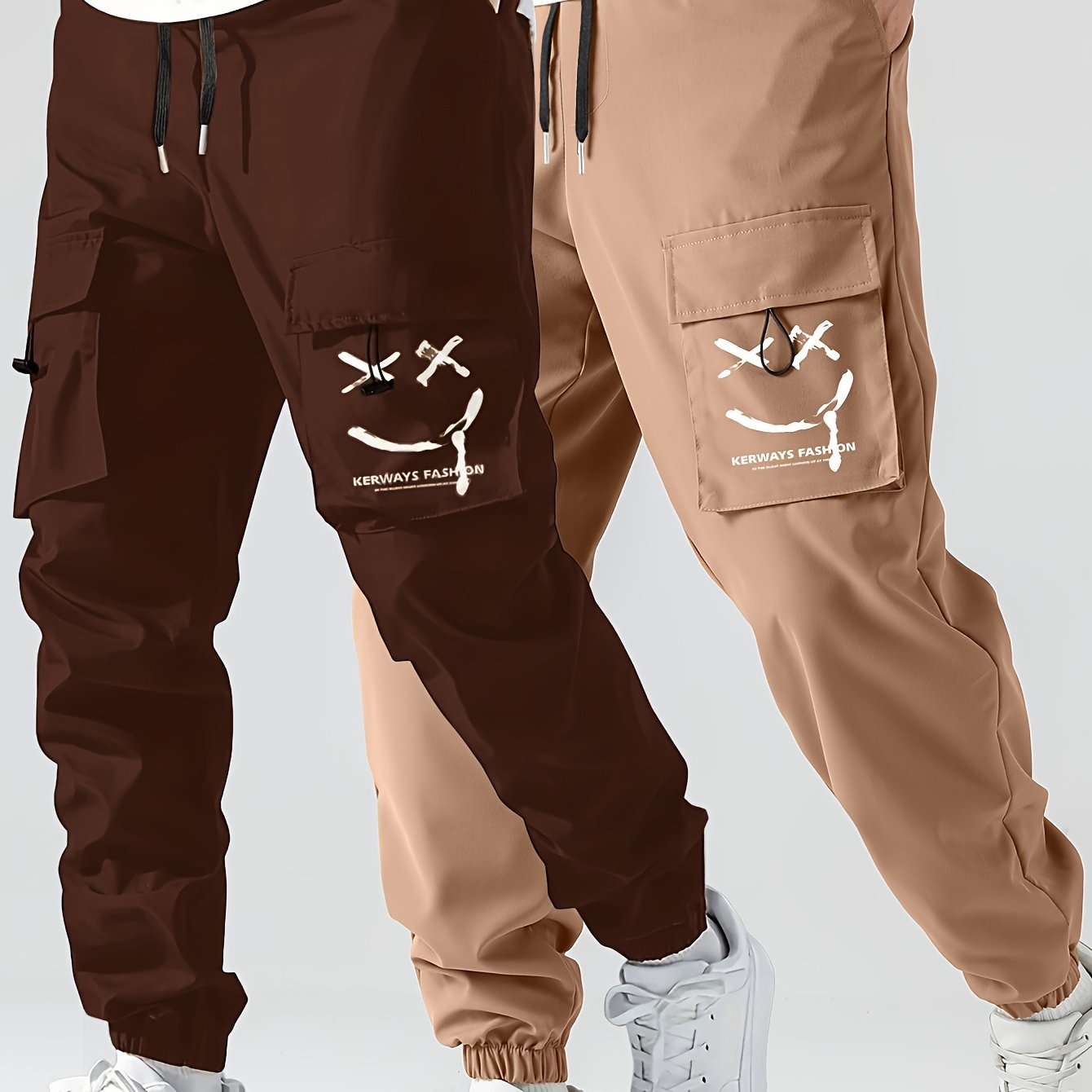 2 Pcs Men's Stylish Smiling Face Pattern Cargo Jogger With Pockets, Causal Breathable Drawstring Men's Bottom Clothing For City Walk Street Hanging Outdoor Activities